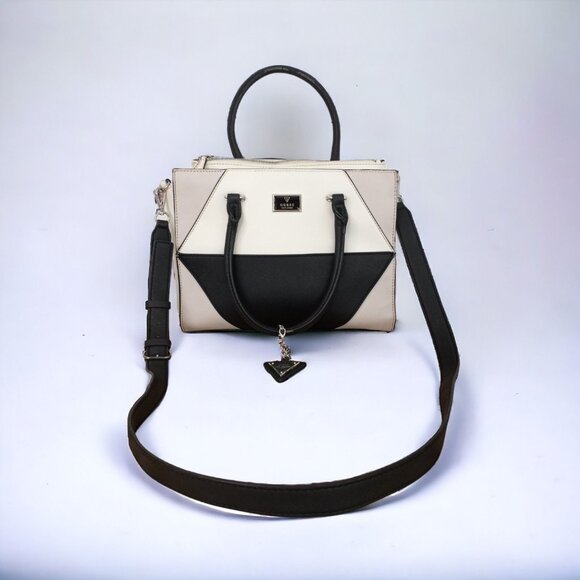 Guess 1981 White, Cream & Black Handbag / Shoulder Satchel / Purse With Adjustab - Picture 1 of 16